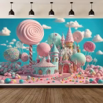 Background Textil Acadele si Dulciuri Cod 791B Mockup cu un background textil pentru panou foto cu tematica dulciuri, ilustrand un castel 3D pastelat, acadele uriase, vata de zahar si bombonele pe un fundal cu cer senin.