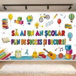 background textil an scolar de succes Mockup cu un background textil pentru panou foto cu mesajul Sa ai un an scolar plin de succes si bucurii, inconjurat de ilustratii colorate cu rechizite, glob pamantesc, chitara si autobuz scolar.