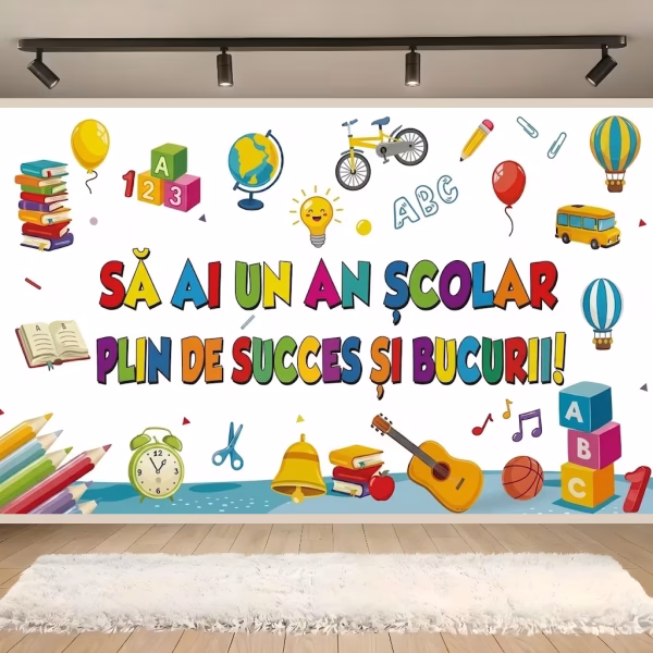 background textil an scolar de succes Mockup cu un background textil pentru panou foto cu mesajul Sa ai un an scolar plin de succes si bucurii, inconjurat de ilustratii colorate cu rechizite, glob pamantesc, chitara si autobuz scolar.