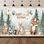 Background Textil Animale Padure Cod 784B Mockup cu un background textil pentru panou foto cu tematica animale padure, ilustrand in stil acuarela o vulpe, o caprioara, un ursulet, iepurasi si alte animalute purtand coifuri festive, sub textul Happy Birthday.