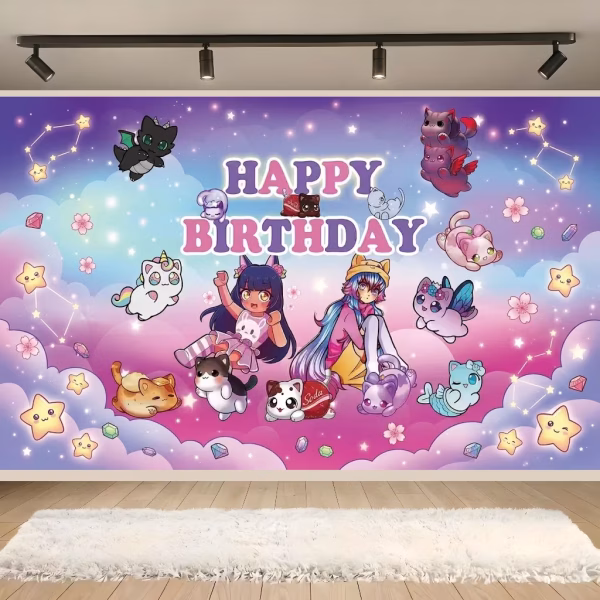 background textil aphmau plushies Mockup cu un background textil pentru panou foto cu tematica Aphmau Plushies, ilustrand personajele principale si pisicutele magice de plus pe un cer instelat cu mesajul Happy Birthday.