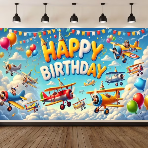 Background Textil Avioane Cod 776B Mockup cu un background textil pentru panou foto cu tematica avioane, ilustrand avioane colorate 3D, piloti simpatici, baloane, ghirlande cu stegulete si textul Happy Birthday pe un cer senin.
