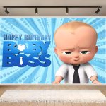 background textil baby boss Mockup cu un background textil pentru panou foto cu tematica Baby Boss, ilustrandu-l pe personajul principal la costum alaturi de mesajul Happy Birthday intr-o camera decorata.