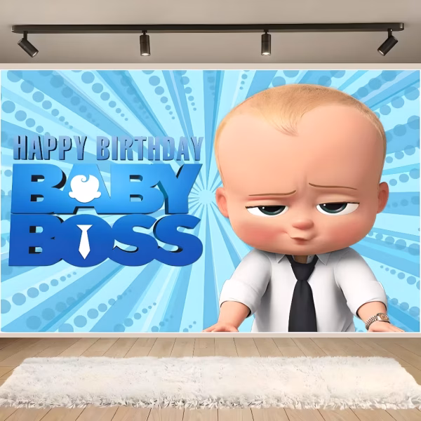 background textil baby boss Mockup cu un background textil pentru panou foto cu tematica Baby Boss, ilustrandu-l pe personajul principal la costum alaturi de mesajul Happy Birthday intr-o camera decorata.