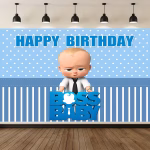 Background Textil Baby Boss Cod 763B Mockup cu un background textil pentru panou foto cu tematica Baby Boss, ilustrand personajul principal in camasa alba si cravata neagra sprijinindu-se de logo-ul 3D Boss Baby, pe un fundal cu buline albe si dungi albastre.