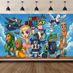 Background Textil Balerina Capucina Cod 768B Mockup cu un background textil pentru panou foto cu tematica amuzanta, ilustrand personaje haioase precum o ceasca balerina, un pahar ninja, o maimuta banana si alte creaturi fanteziste, sub textul Happy Birthday.