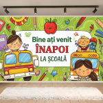 Background Textil Bine Ati Venit Inapoi La Scoala Mockup cu un background textil pentru panou foto cu mesajul Bine ati venit Inapoi la scoala, ilustrand autobuze scolare galbene, copii zambitori, un mar rosu si elemente grafice educative pe un fundal verde.