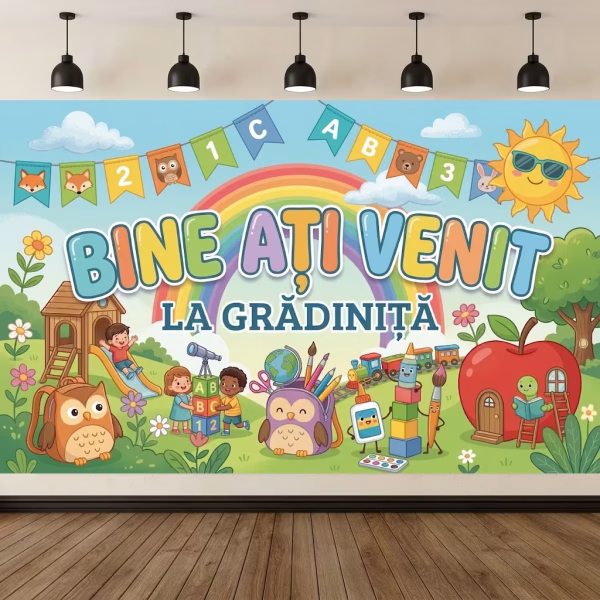background textil bine ati venit la gradinita Mockup cu un background textil pentru panou foto cu mesajul Bine Ati Venit La Gradinita, ilustrand copii jucandu-se, un curcubeu, un soare zambitor si rechizite animate.