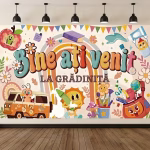 background textil bine ati venit la gradinita Mockup cu un background textil pentru panou foto cu mesajul Bine Ati Venit La Gradinita, in stil retro groovy, cu o dubita hippie, soare zambitor, rechizite animate si un curcubeu in nuante calde.