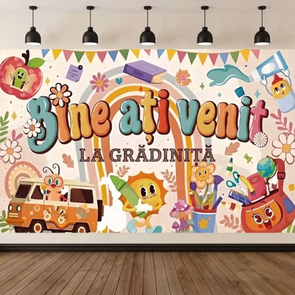 background textil bine ati venit la gradinita Mockup cu un background textil pentru panou foto cu mesajul Bine Ati Venit La Gradinita, in stil retro groovy, cu o dubita hippie, soare zambitor, rechizite animate si un curcubeu in nuante calde.