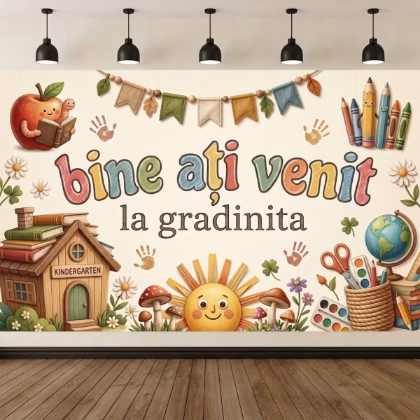 background textil bine ati venit la gradinita Mockup cu un background textil pentru panou foto cu mesajul Bine Ati Venit La Gradinita, cu grafica rustica ilustrand o textura de panza, o casuta de lemn, soare, ciupercute, un mar si rechizite.