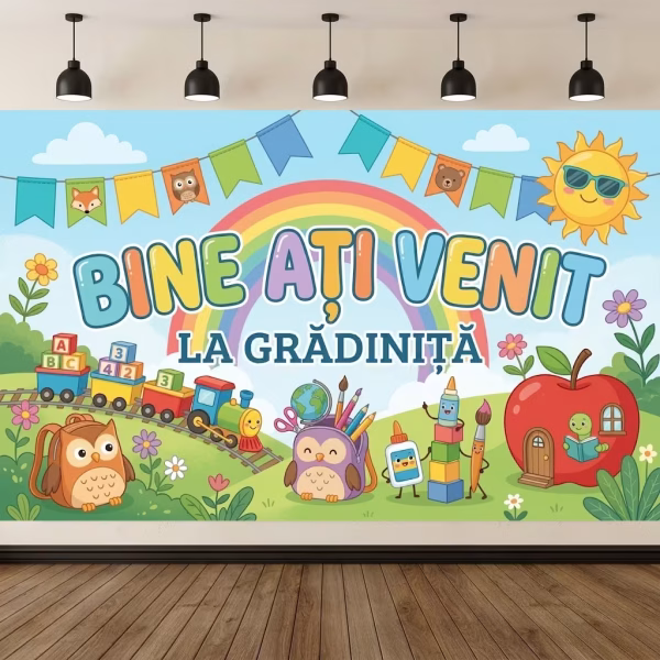 background textil bine ati venit la gradinita Mockup cu un background textil pentru panou foto cu mesajul Bine Ati Venit La Gradinita, ilustrand un trenulet cu litere, rechizite animate, o bufnita si un mar urias pe un fundal cu curcubeu.