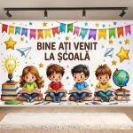 background textil bine ati venit la scoala Mockup cu un background textil pentru panou foto cu mesajul Bine ati venit la scoala, ilustrand patru copii adorabili citind carti, inconjurati de ghirlande colorate, un glob pamantesc si un bec luminos.