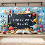 background textil bine ati venit la scoala Mockup cu un background textil pentru panou foto cu mesajul bine ati venit la scoala scris cu creta pe o tabla, inconjurata de rechizite, un glob pamantesc, o carte deschisa si figurine 3D adorabile.