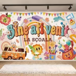 background textil bine ati venit la scoala Mockup cu un background textil pentru panou foto cu tematica inceperii scolii, ilustrand mesajul Bine ati venit la scoala in stil retro groovy, alaturi de un curcubeu, un soare cu creion si rechizite vesele.