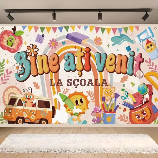 background textil bine ati venit la scoala Mockup cu un background textil pentru panou foto cu tematica inceperii scolii, ilustrand mesajul Bine ati venit la scoala in stil retro groovy, alaturi de un curcubeu, un soare cu creion si rechizite vesele.