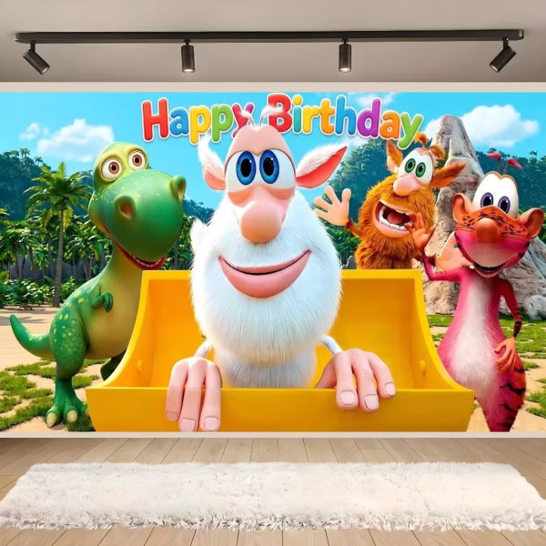 background textil booba Mockup cu un background textil pentru panou foto cu tematica Booba, ilustrand simpaticul personaj alb intr-o cutie galbena, alaturi de un dinozaur verde si alti prieteni haiosi intr-un peisaj de jungla.