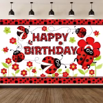 Background Textil Buburuze Cod 764B Mockup cu un background textil pentru panou foto cu tematica buburuze, ilustrand un chenar rosu cu buline negre, flori rosii, buburuze zburand si textul Happy Birthday asortat.
