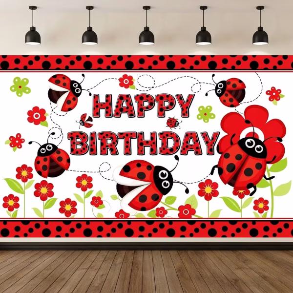Background Textil Buburuze Cod 764B Mockup cu un background textil pentru panou foto cu tematica buburuze, ilustrand un chenar rosu cu buline negre, flori rosii, buburuze zburand si textul Happy Birthday asortat.