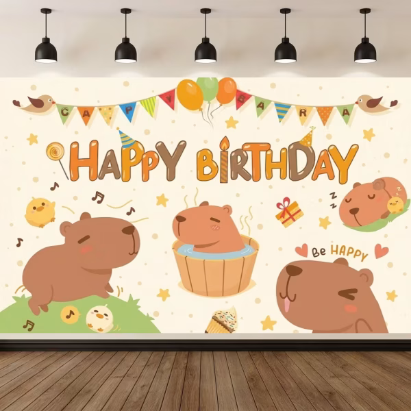 Background Textil Capybara Cod 787B Mockup cu un background textil pentru panou foto cu tematica Capybara, ilustrand simpaticele animale relaxandu-se, cu puisori, briose, note muzicale si textul Happy Birthday si Be Happy.