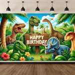 Background Textil Dinozauri Cod 795B Mockup cu un background textil pentru panou foto cu tematica dinozauri, ilustrand un T-Rex fioros, un Triceratops, un Brachiosaurus si alti dinozauri intr-o jungla, sustinand o pancarta cu textul Happy Birthday.