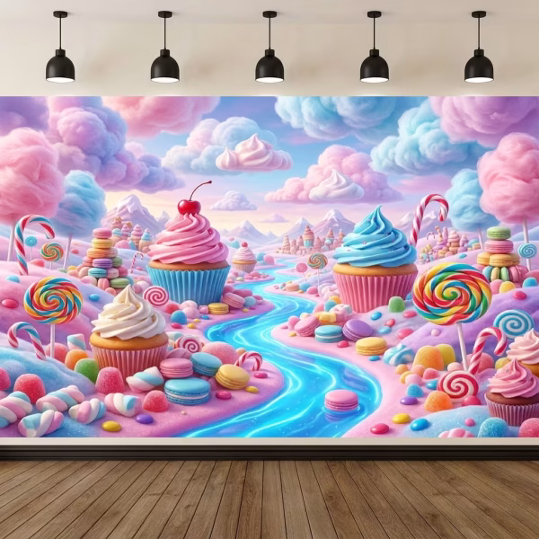 Background Textil Dulciuri Candy Land Cod 799B Mockup cu un background textil pentru panou foto cu tematica dulciuri, ilustrand un peisaj 3D de poveste cu briose uriase, un rau de sirop albastru, acadele, macarons si norisori din vata de zahar.