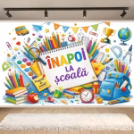 background textil inapoi la scoala Mockup cu un background textil pentru panou foto cu mesajul Inapoi la scoala scris colorat pe un caiet spiralat, inconjurat de o explozie de rechizite, un ghiozdan albastru, acuarele si un glob pamantesc pe un fundal luminos.