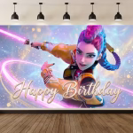 background textil k-pop demon hunters Mockup cu un background textil pentru panou foto cu tematica K-Pop Demon Hunters Rumi, ilustrand un personaj feminin in actiune cu o sabie luminoasa neon si textul auriu Happy Birthday pe un fundal cosmic violet.