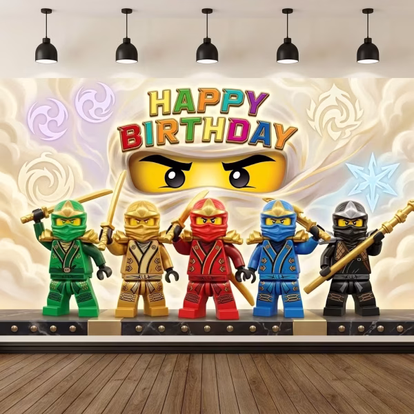 Background Textil Lego Ninjago Cod 781B Mockup cu un background textil pentru panou foto cu tematica Lego Ninjago, ilustrand echipa de luptatori ninja verde, auriu, rosu, albastru si negru, sub textul Happy Birthday si privirea unui maestru.