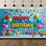 Background Textil Lego Cod 772B Mockup cu un background textil pentru panou foto cu tematica Lego, ilustrand cuburi de constructie 3D, cadouri, baloane colorate si textul Happy Birthday pe un fundal albastru.