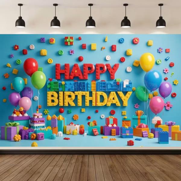 Background Textil Lego Cod 772B Mockup cu un background textil pentru panou foto cu tematica Lego, ilustrand cuburi de constructie 3D, cadouri, baloane colorate si textul Happy Birthday pe un fundal albastru.