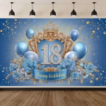 Background Textil Majorat 18 Ani Cod 797B Mockup cu un background textil pentru panou foto de majorat, ilustrand numarul 18 cu diamante, o coroana aurie regala, baloane si flori albastre pe un fundal elegant albastru regal cu confetti aurii.