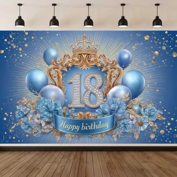 Background Textil Majorat 18 Ani Cod 797B Mockup cu un background textil pentru panou foto de majorat, ilustrand numarul 18 cu diamante, o coroana aurie regala, baloane si flori albastre pe un fundal elegant albastru regal cu confetti aurii.