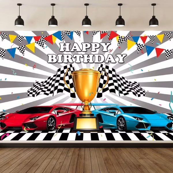 Background Textil Masini de Curse Cod 777B Mockup cu un background textil pentru panou foto cu tematica masini de curse, ilustrand doua masini sport rosie si albastra, un trofeu auriu, steaguri in carouri si textul Happy Birthday.