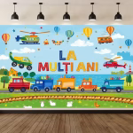 Background Textil Masini Cod 766B Mockup cu un background textil pentru panou foto cu tematica masini, ilustrand un convoi colorat de camioane cu animale, elicoptere si baloane cu aer cald pe cer, in jurul textului La Multi Ani.