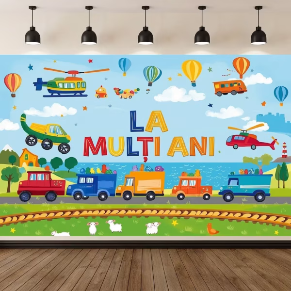 Background Textil Masini Cod 766B Mockup cu un background textil pentru panou foto cu tematica masini, ilustrand un convoi colorat de camioane cu animale, elicoptere si baloane cu aer cald pe cer, in jurul textului La Multi Ani.