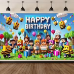 Background Textil Minecraft Cod 778B Mockup cu un background textil pentru panou foto cu tematica Minecraft, ilustrand personaje din joc, albine, cadouri si baloane in stil pixelat 3D, cu textul Happy Birthday in centru.