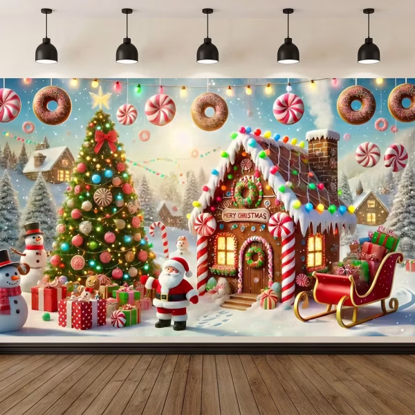Background Textil Mos Craciun Cod 771B Mockup cu un background textil pentru panou foto cu tematica de Craciun, ilustrand o casuta de turta dulce cu mesajul Merry Christmas, un brad impodobit, Mos Craciun, oameni de zapada, o sanie incarcata cu cadouri si gogosi atarnate pe cerul instelat.
