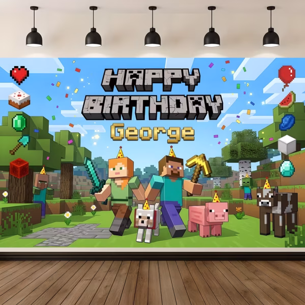 Background Textil Personalizat Minecraft Cod 751B Mockup cu un background textil personalizat pentru panou foto cu tematica Minecraft, ilustrand personajele Steve si Alex cu coifuri de petrecere, animale din joc si numele sarbatoritului sub textul Happy Birthday 3D.