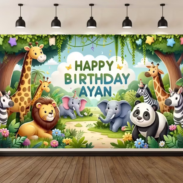 background textil personalizat safari Mockup cu un background textil personalizat pentru panou foto de petrecere, ilustrand o jungla deasa cu animale simpatice precum lei, elefanti, girafe, zebre si un panda, avand textul Happy Birthday Ayan pe un nor in centru.