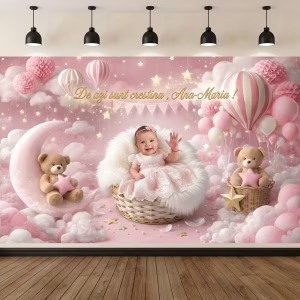 Background Textil Personalizat Poza Botez Mockup Cu Un Background Textil Personalizat Pentru Panou Foto De Botez, Ilustrand Poza Bebelusei Intr-Un Cosulet De Rachita, Inconjurata De Nori Pufosi Roz Si Albi, Ursuleti De Plus, O Semiluna Roz, Baloane Cu Aer Cald Si Mesajul De Azi Sunt Crestina.