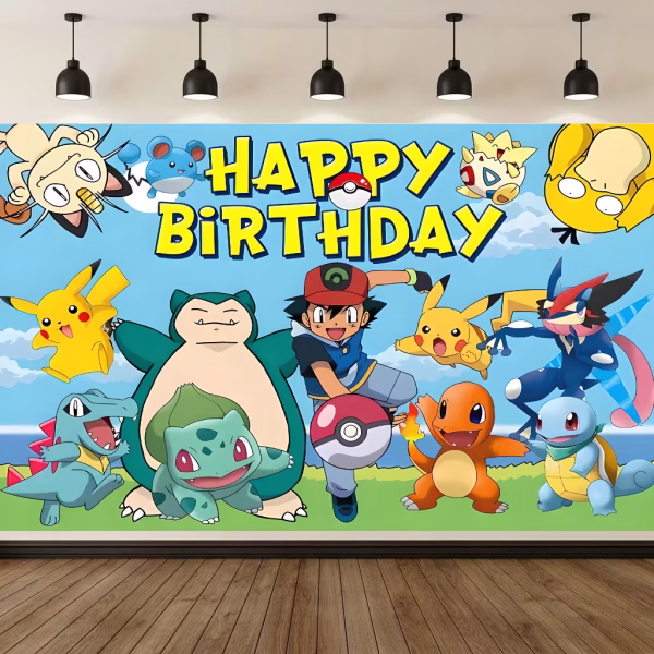 Background Textil Pokemon Cod 792B Mockup cu un background textil pentru panou foto cu tematica Pokemon, ilustrandu-i pe Ash, Pikachu, Snorlax, Charmander, Bulbasaur, Squirtle si alti pokemoni sub textul Happy Birthday.