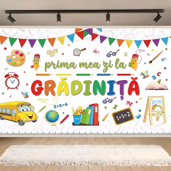 Background Textil Prima Mea Zi La Gradinita Mockup cu un background textil pentru panou foto cu mesajul Prima mea zi la gradinita, inconjurat de un autobuz scolar animat, o paleta de culori, ceas, sevalet si creioane zambitoare pe un fundal luminos.