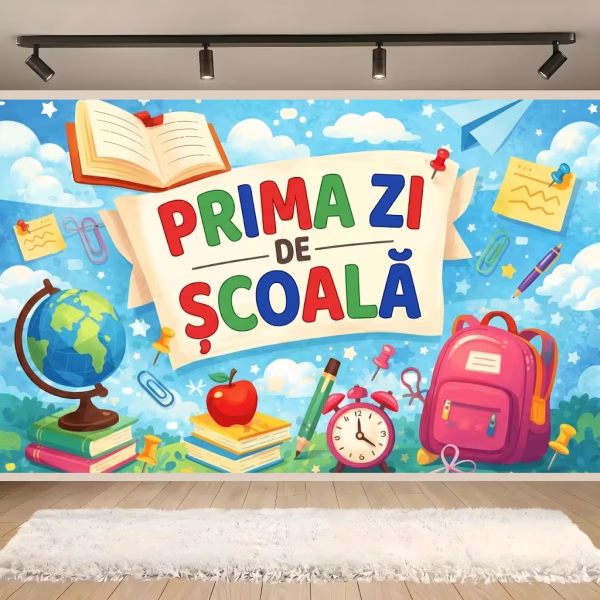 background textil prima zi de scoala Mockup cu un background textil pentru panou foto cu mesajul Prima Zi de Scoala scris colorat pe un pergament, inconjurat de un glob pamantesc, carti, un rucsac roz si un ceas pe un cer albastru cu nori.