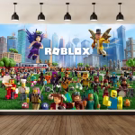 Background Textil Roblox Cod 788B Mockup cu un background textil pentru panou foto cu tematica Roblox, ilustrand o multime uriasa de avatare intr-un oras modern, avand logo-ul Roblox in centru.