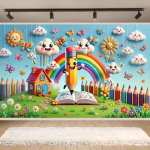 background textil scoala Mockup cu un background textil pentru panou foto cu tematica scolara, ilustrand un peisaj 3D din plastilina cu un creion vesel sarind dintr-o carte deschisa, un curcubeu, norisori zambitori si un gard din creioane colorate.