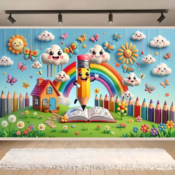 background textil scoala Mockup cu un background textil pentru panou foto cu tematica scolara, ilustrand un peisaj 3D din plastilina cu un creion vesel sarind dintr-o carte deschisa, un curcubeu, norisori zambitori si un gard din creioane colorate.