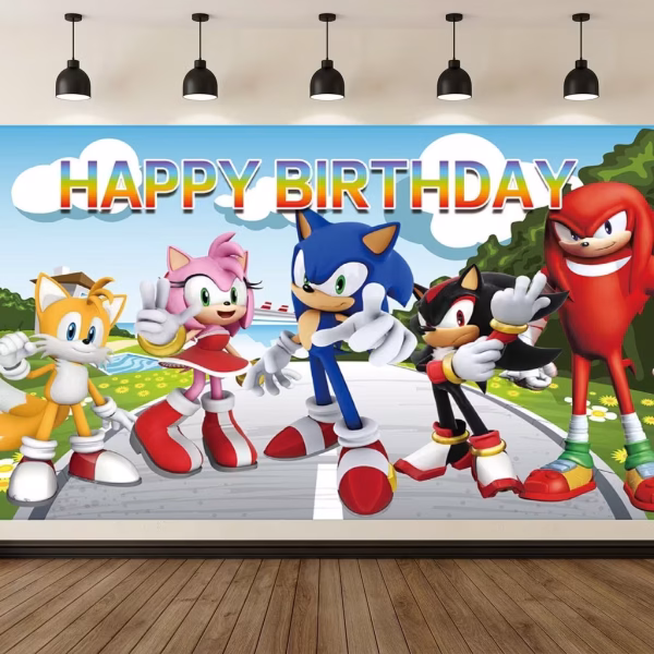 background textil sonic Mockup cu un background textil pentru panou foto cu tematica Sonic, ilustrand personajele Sonic, Tails, Knuckles, Amy si Shadow pe un traseu verde, sub un cer senin, cu textul Happy Birthday colorat.