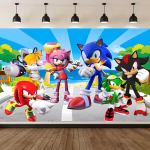 Background Textil Sonic Cod 794B Mockup cu un background textil pentru panou foto cu tematica Sonic The Hedgehog, ilustrandu-i pe eroii Sonic, Tails, Knuckles, Amy, Shadow si Jet pe o sosea de coasta.