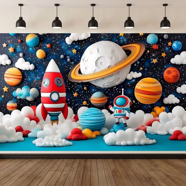 Background Textil Spatiu Astronauti Cod 789B Mockup cu un background textil pentru panou foto cu tematica spatiu si astronauti, ilustrand o grafica 3D cu o racheta rosie, un astronaut simpatic, planete colorate, norisori pufosi si stele stralucitoare.